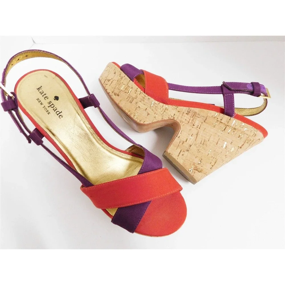 Kate Spade Red Purple Strappy Cork Platform Heel‎ Sandals 6.5 M